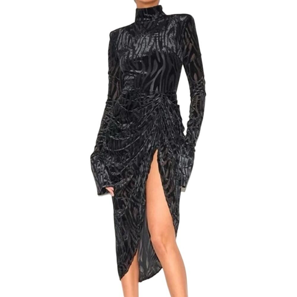 NWT with Flaws Black Velvet Zebra Burnout Draped Midi Vampy Gothic Glam Dress 2
